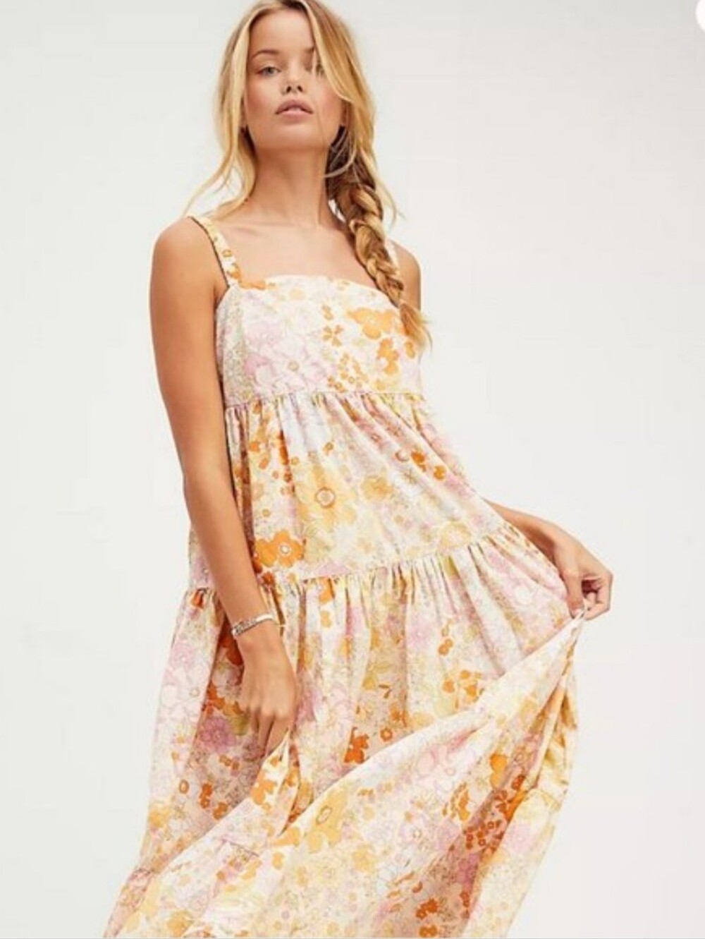 Free People Park Slope Floral Tiered Maxi Dress S Pastels Garden Relaxed Flowy